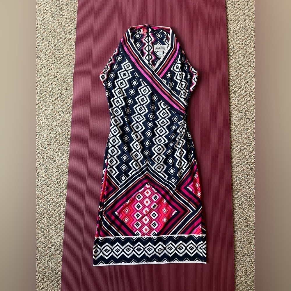Joseph Ribkoff Women's Dress Geometric Striped Stretch Faux Wrap Sleeveless Sz 8